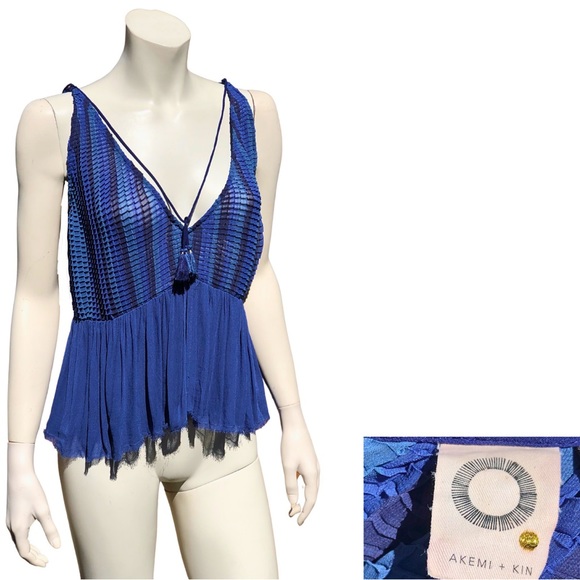 AKEMI + KIN NWOT Anthropologie BLUE Sleeveless Blousy Boho Halter Chemise Top M - Picture 4 of 12